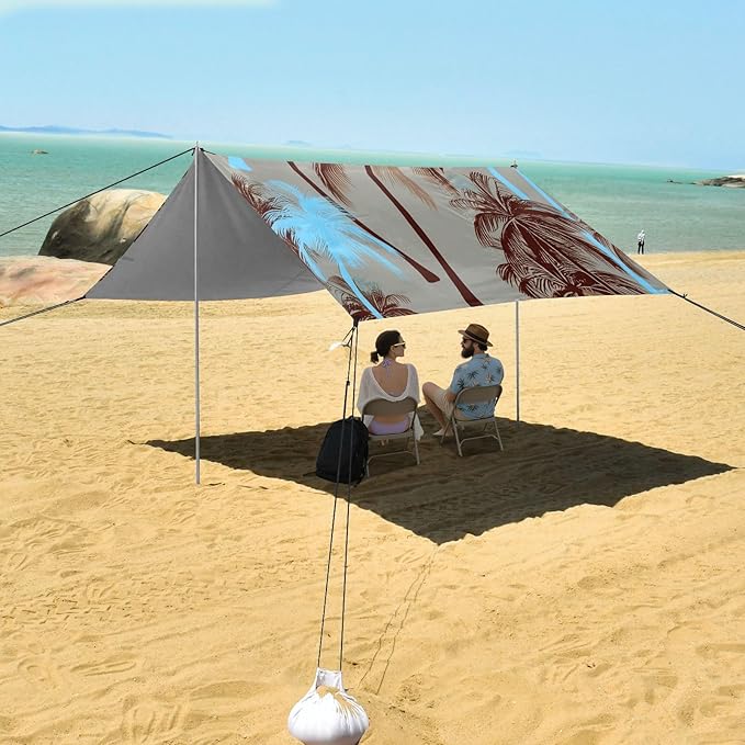 Beach Canopy with Windproof Ropes &amp Sandbags Beach Tent Sun Shade Sun Shelter for Camping Trips Fishing Backyard Fun or Picnics Palm Tree
