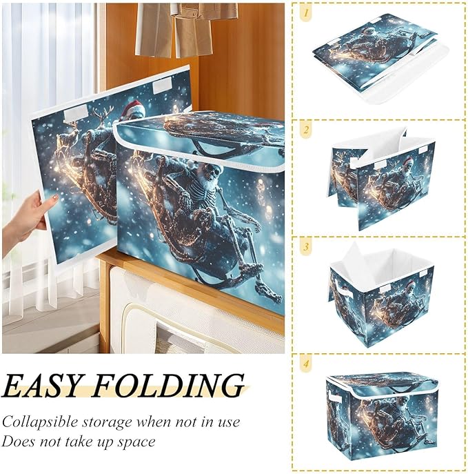 Storage Cube with Lid Skeleton Christmas Santa Print 16.5×12.6×11.8 IN Collapsible Large Capacity Foldable Storage Basket Bin Organizer