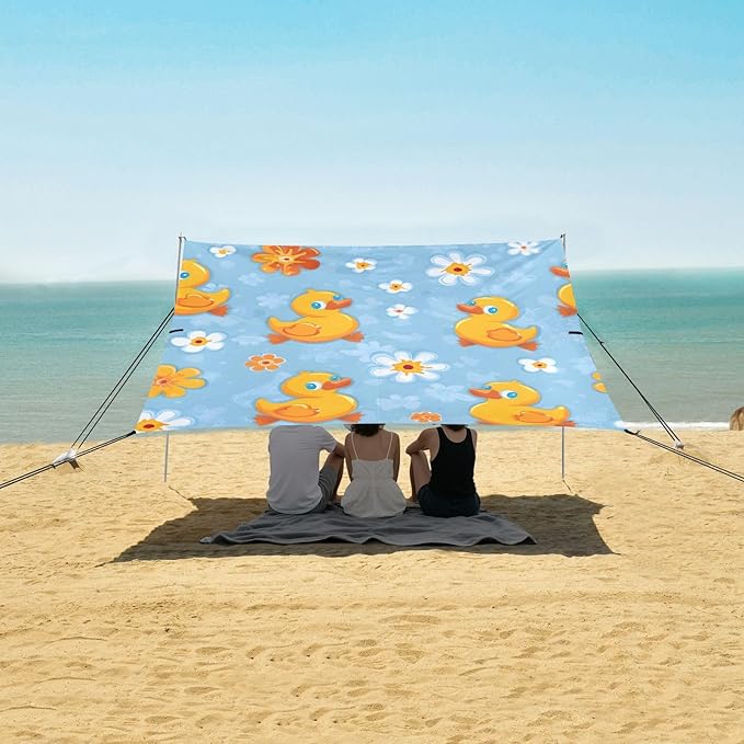 ALAZA Duck Flower Pattern Beach Tent Sun Shelter UPF50+ Protection Beach Shade Canopy w/ 4 Sandbags for Outdoor Camping Fishing Backyard Fun Picnic 10x9 ft