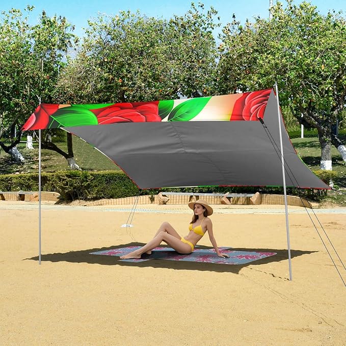 Beach Canopy with Windproof Ropes &amp Sandbags Beach Tent Sun Shade Sun Shelter for Camping Trips Fishing Backyard Fun or Picnics Red Roses