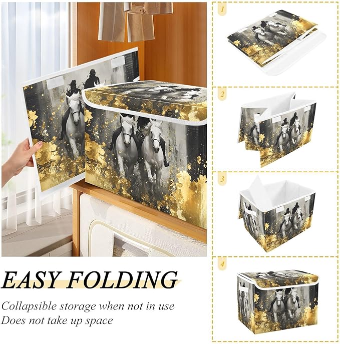 AIXIWAWA Lidded Storage Cube (Horses Gold) Fabric Foldable Closet Bins with Flip Lid and Handles Organizer Basket Container 16.5 x 12.6 x 11.8 IN