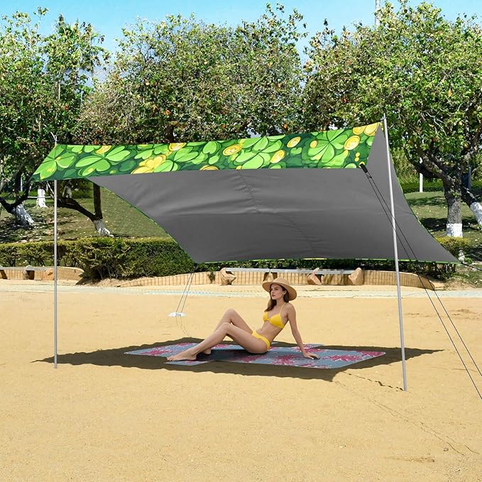 xigua St. Patrick's Day Clover Beach Tent Sun Shelter with Carrying Bag - Silver Coated Oxford Fabric Beach Canopy for Beach Camping Fishing - Includes Windproof Ropes Sandbags &amp Stakes