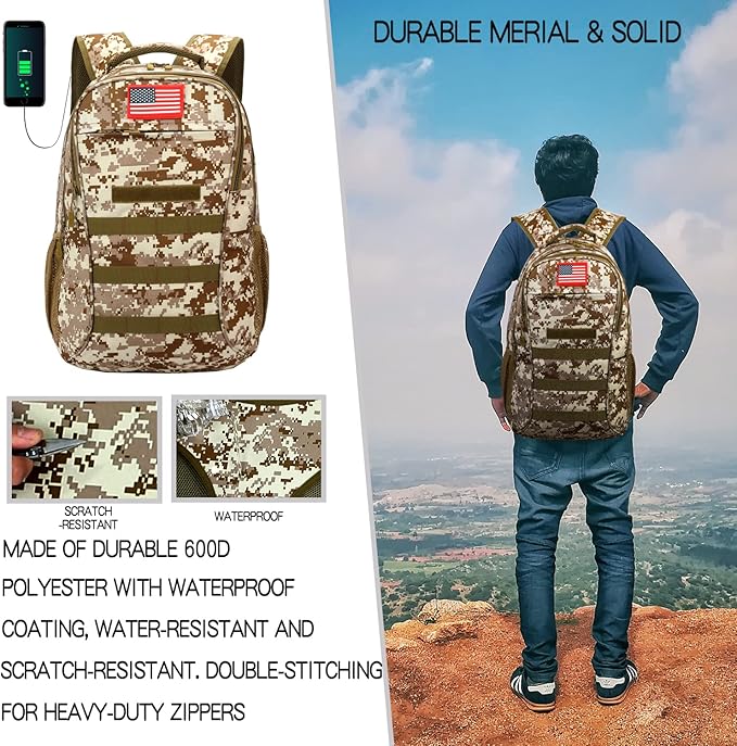 outdoor plus Camo Backpack for BoysMilitary Teen Backpack with USB Port Army Bookbag for School Tactical