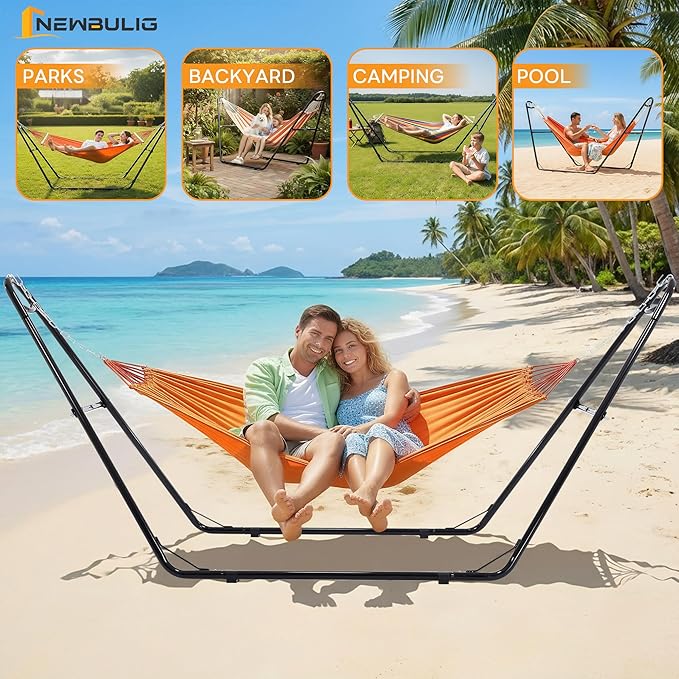 NEWBULIG Double Hammock Stand Only 450 Pound Capacity Fits 9 to 14 Feet Hammocks Heavy Duty Hammock Stand for Outside for Garden Backyard Patio Pool Beach with Carrying Case