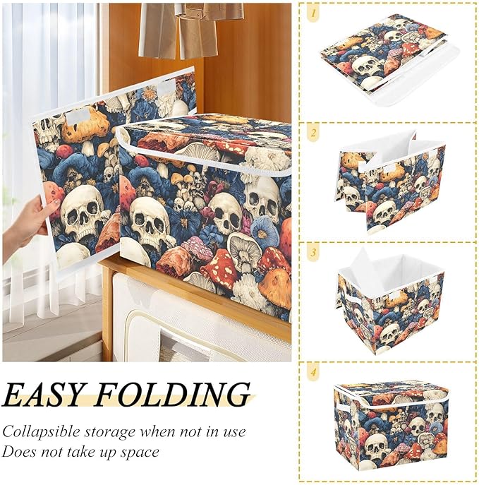Colorful Skull Mushroom Storage Cube Bins Basket with Lid Collapsible Flip-top Fabric with Handle for Home Bedroom Closet Office 16.5×12.6×11.8 in