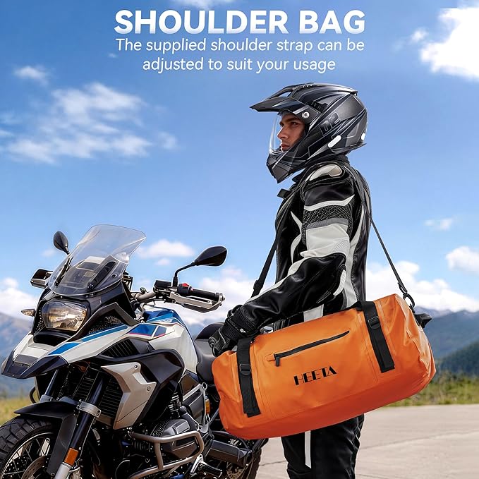 HEETA Waterproof Motorcycle Dry Bag Waterproof Duffel Luggage Travel Bags with Zippered Closure &amp Pocket Shoulder Straps Large Space for Motorcycling Camping Commuting Boating (Orange 70L)