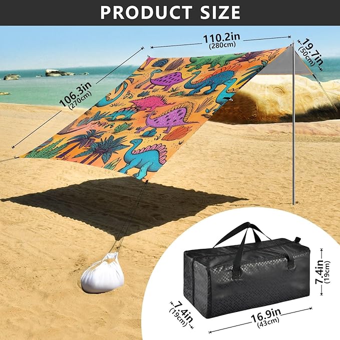 ALAZA Colorful Dinosaur Palm Tree Cactus Beach Tent Sun Shelter Portable Canopy Sunshade for Outdoor Camping Picnics Backyard Fun 10x9 ft