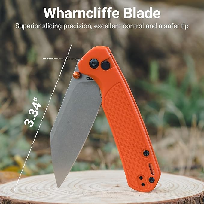 CJRB Pyrite-Light Manual Folding Knife with 3.34'' Upgraded AR-SFII Steel Blade Pocket Knives with Button Lock for Camping Hiking J1945 Orange