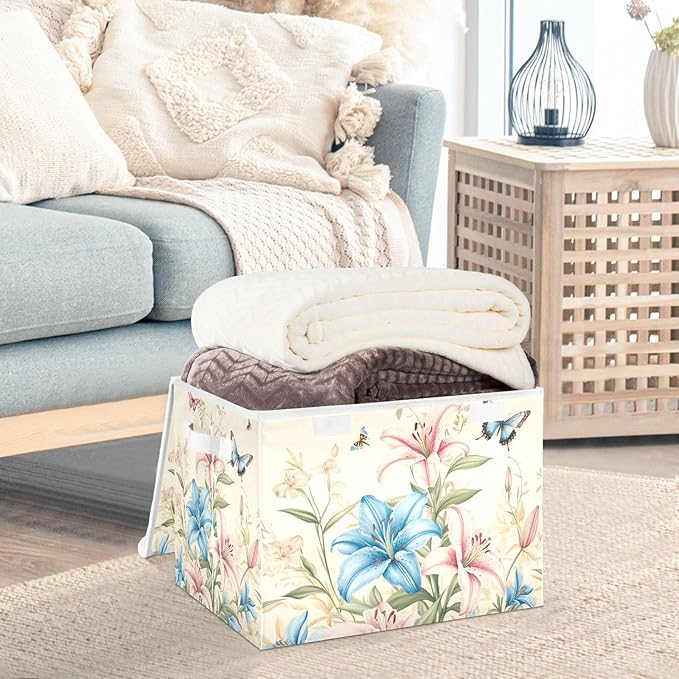 Collapsible Storage Bins with Lids Decorative Fabric Storage Cubes Closet Organizer and Storage Basket Boxes Containers for Clothes Box Chest Nursery Folding Rectangle Pretty Lily Flowers and