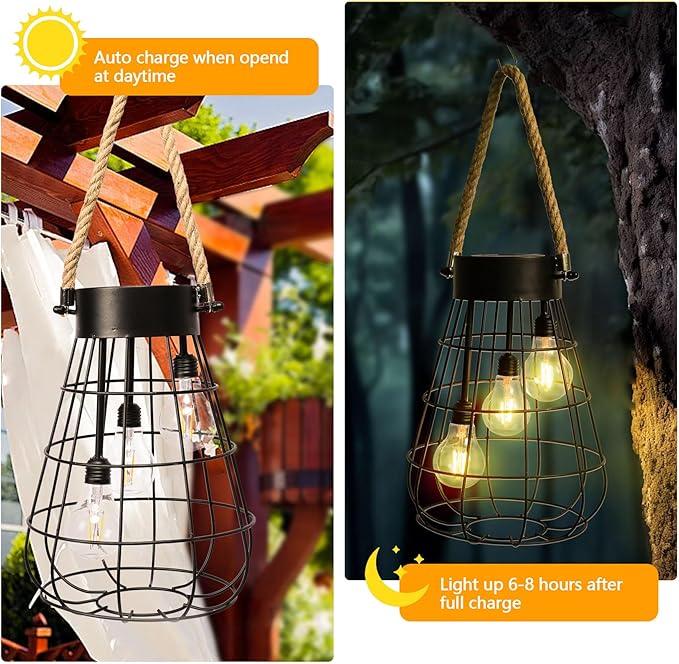 Solar Lantern 22.4 Outdoor Waterproof Solar Hanging Lights with Warm White LED Edison Bulb for Garden Patio Yard Large Lantern Black