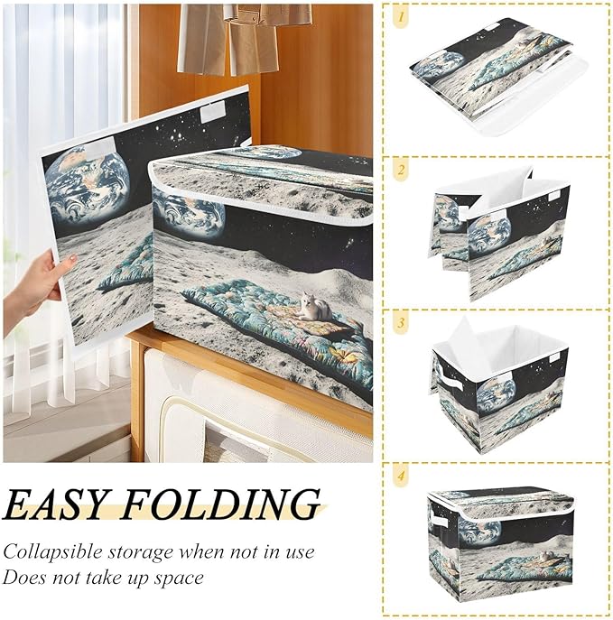 Storage Cube with Lid Cat on The Moon Print 16.5×12.6×11.8 IN Collapsible Large Capacity Foldable Storage Basket Bin Organizer