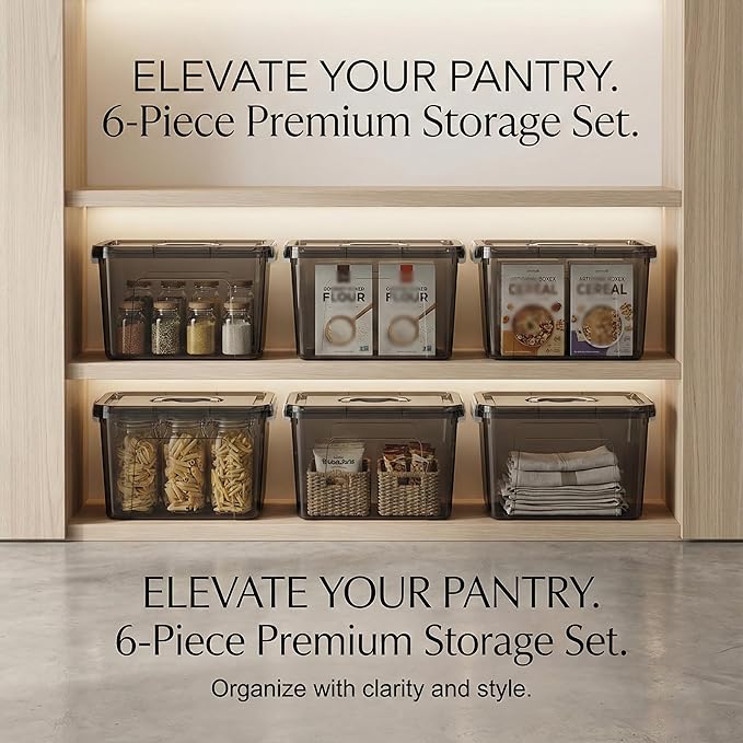 Stackable Plastic Black Storage Bins with Lids 6 Pack 12 Quart Modular Organizer Boxes with Secure Latches for Closet Pantry Office and Small Item Storage