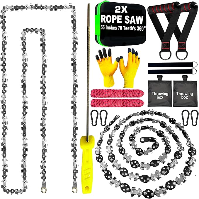 2 Pack High Limb Rope Saw 55 Inch – Dual Sided Manual Chainsaw with 70 Sharp Teeth Tree Rope Chain Saw for High Limbs with Storage Box – Heavy Duty Rope Saw for Tree Cutting Camping &amp Survival