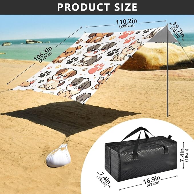 ALAZA Dog Puppy Paw Prints Beach Tent Sun Shelter UPF50+ Protection Beach Shade Canopy w/ 4 Sandbags for Outdoor Camping Fishing Backyard Fun Picnic 10x9 ft