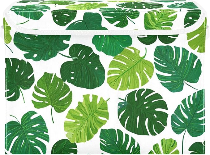 Dark Green Tropical Leaf Collapsible Storage Bins with Lids Decorative Fabric Cubes Closet Organizer Basket Boxes Containers for Clothes Box Chest Folding Rectangle