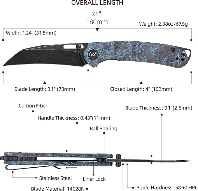 Folding Pocket Knife 3.1 Stonewash Blade EDC Knife with Safety Liner Lock Small Pocket Knife with Clip for Men Sharp Camping Hiking Hunting Survival Knives