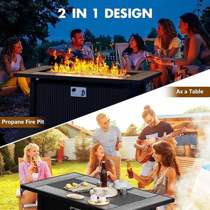 Walsunny 45 Inch Propane Fire Pit Table Outdoor Fire Pit 50000 BTU Gas Fire Pit Table Fire Table with Lid and Lava Rock for Outside Patio Garden Yard