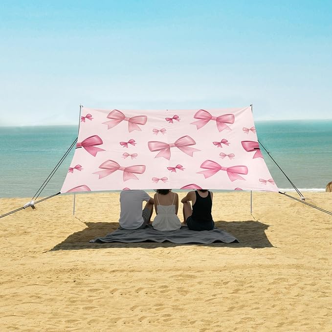 xigua Bow Beach Tent Sun Shelter with Carrying Bag - Silver Coated Oxford Fabric Beach Canopy for Beach Camping Fishing - Includes Windproof Ropes Sandbags &amp Stakes