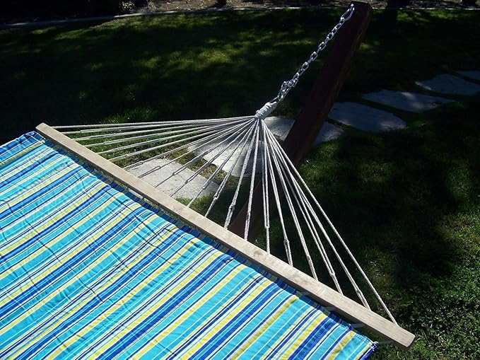 14 Ft. Water Treated Wooden Arc Hammock Stand + Premium Quilted Double Padded Hammock Bed. 2 Person Bed.450 LB Capacity(Coffee Stain/Teal &amp Yellow Stripe)