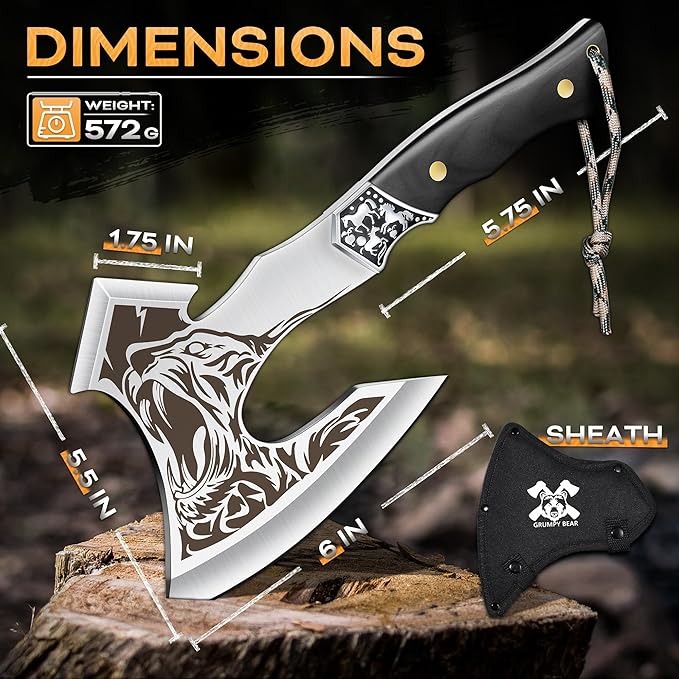 Grumpy Bear Tactical Axe Camping Survival Hatchet Full Tang Tomahawk with Sheath Multifunctional Outdoor Hiking Heavy Duty Hatchet for Emergency Hiking and Camping for Men Women