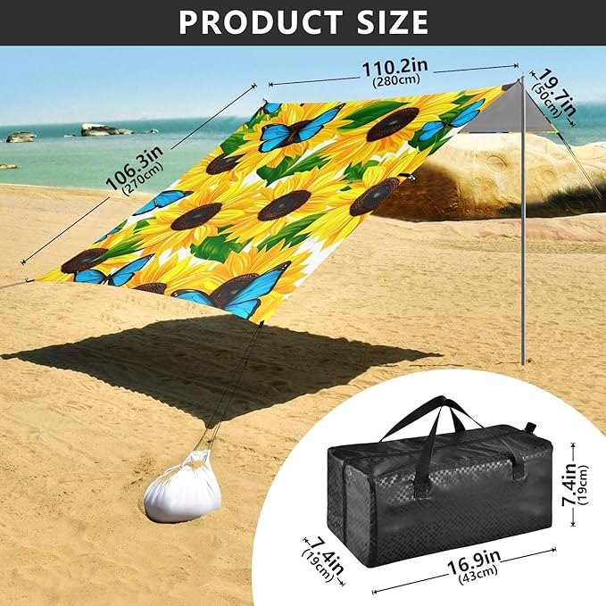 Beach Canopy with Windproof Ropes &amp Sandbags Beach Tent Sun Shade Sun Shelter for Camping Trips Fishing Backyard Fun or Picnics Sunflowers
