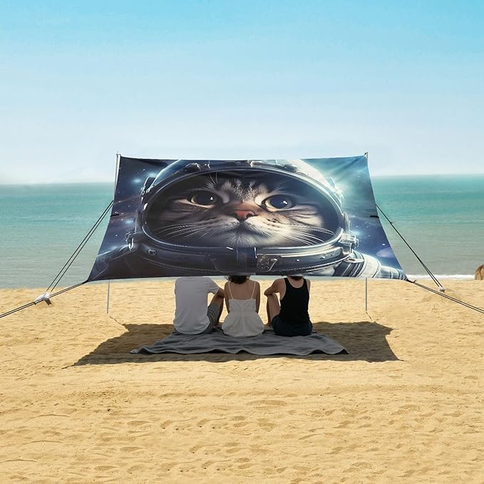 ALAZA Cat Astronaut Beach Tent Sun Shelter UPF50+ Protection Beach Shade Canopy w/ 4 Sandbags for Outdoor Camping Fishing Backyard Fun Picnic 10x9 ft
