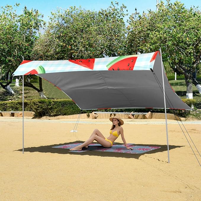xigua Watermelon Beach Tent Sun Shelter with Carrying Bag - Silver Coated Oxford Fabric Beach Canopy for Beach Camping Fishing - Includes Windproof Ropes Sandbags &amp Stakes
