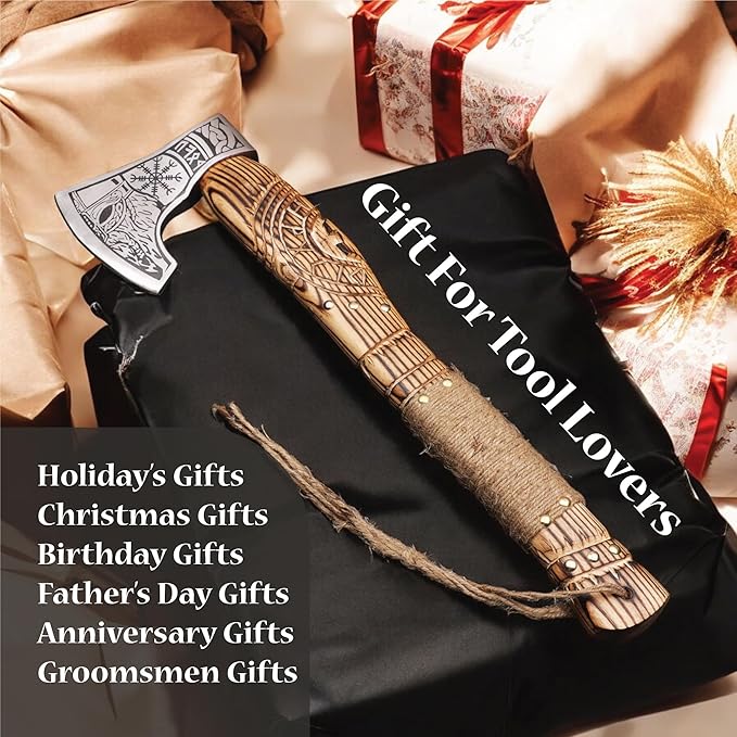 20 Handmade Carbon Steel Viking Axe with Hand Craved Ash Wood Shaft Viking Camping Axe &amp Hatchet. Beautiful Gift for Father Brother and for Him or Her (Medieval Axe)