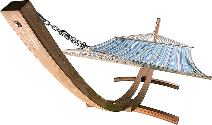 14 Ft. Water Treated Wooden Arc Hammock Stand + Premium Quilted Double Padded Hammock Bed. 2 Person Bed.450 LB Capacity(Natural Stain/Teal &amp Yellow Stripe)