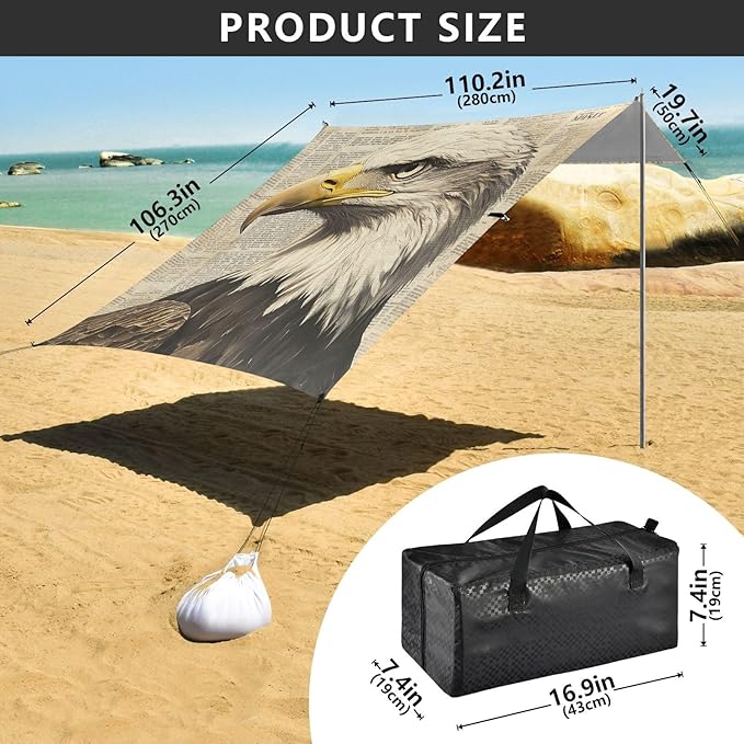 ALAZA Bald Eagles Vintage Newspaper Beach Tent Sun Shelter Portable Canopy Sunshade for Outdoor Camping Picnics Backyard Fun 10x9 ft