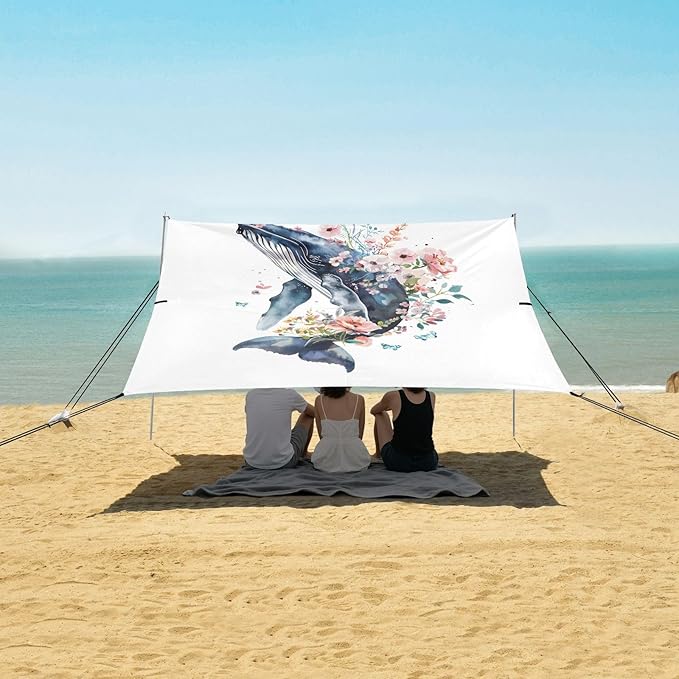 ALAZA Whale Flower Beach Tent Sun Shelter UPF50+ Protection Beach Shade Canopy w/ 4 Sandbags for Outdoor Camping Fishing Backyard Fun Picnic 10x9 ft