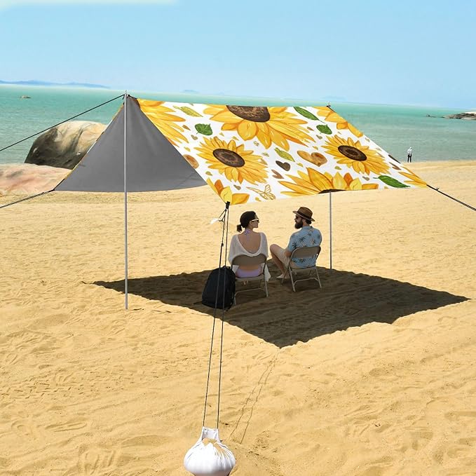 Beach Canopy with Windproof Ropes &amp Sandbags Beach Tent Sun Shade Sun Shelter for Camping Trips Fishing Backyard Fun or Picnics Sunflower