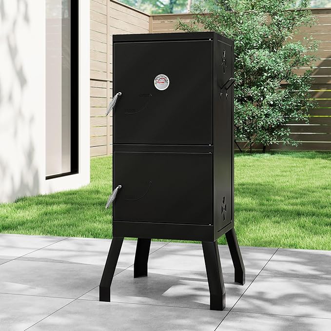 Charcoal Smoker Outdoor Vertical BBQ Smoker with Thermostat 2 Access Doors 2 Cooking Grates 2 Removable Pans &amp 4 Air Vents Meat Smokers Grill for Parties Barbecues and Backyard