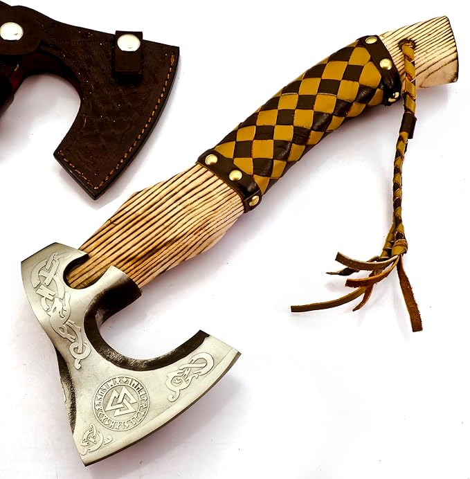 Custom Forged Carbon Steel Viking Style Bearded Axe - Real Hatchet Throwing &amp Camping Axe with Leather Wrap Best Gift for Anniversary Valentine's Day Birthday with Premium Leather Sheath