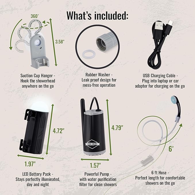 Hike Crew Portable Battery-Operated Shower with LED Light | Outdoor Camping Handheld Shower Head with 70-Min Rechargeable Battery Water Purifying Pump 6-Ft Hose &amp Hands-Free Suction Cup Hook Mou