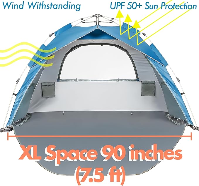 Beach Tent for Family with Kids Pop Up Beach Sun Shade Tent with UPF 50+ UV Protection Removable Floor Zippered Privacy &amp Ventilation Sun Shelter Family 3 to 4 Person