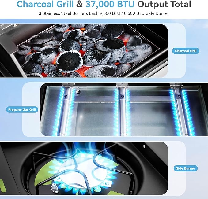 3 Burner Propane Gas and Charcoal Grill Combo with Side Burner &amp Porcelain-Enameled Cast Iron Grates 37000 BTUs 685 SQIN Dual Fuel Outdoor BBQ Grill for Patio Garden Picnic Backyard Barbecue Coo
