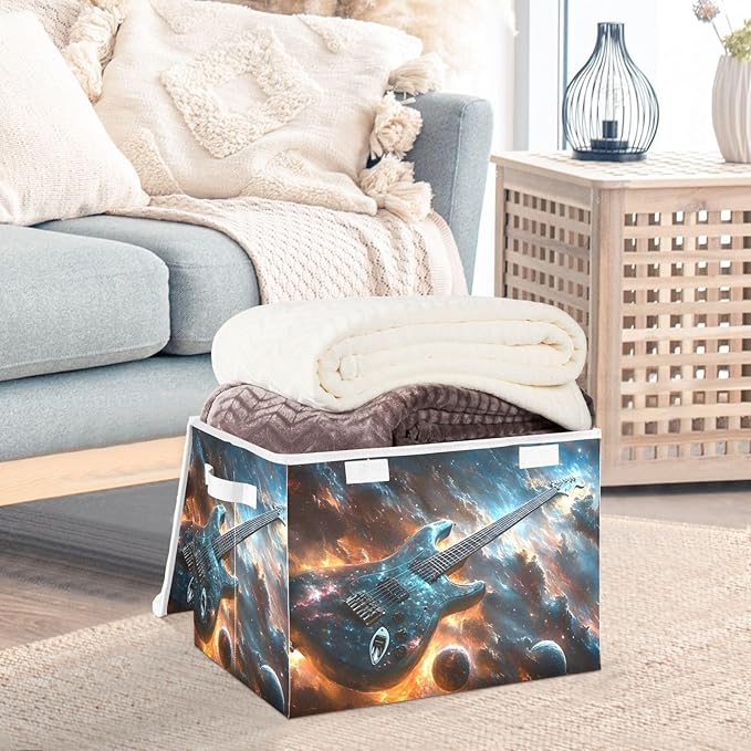 AIXIWAWA Lidded Storage Cube (Guitar in Space) Fabric Foldable Closet Bins with Flip Lid and Handles Organizer Basket Container 16.5 x 12.6 x 11.8 IN