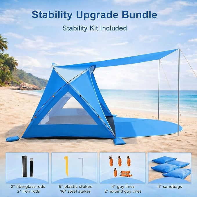 Beach Tent Portable Sun Shelter for 2/3/4/6-8 Person with UPF 50+ UV Protection Easy Setup Waterproof Beach Shade Canopy Cabana for Family Outdoor and Picnics Fishing with Carrying Bag
