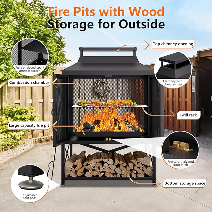 2-in-1 Metal Chiminea Fireplace with GrillWood Burning Outdoor Fireplace with Wood Storage ChimneyMetal Mesh Spark Screenand Fire Tongs Ideal for YardsPatios GardensCampingand Picnics
