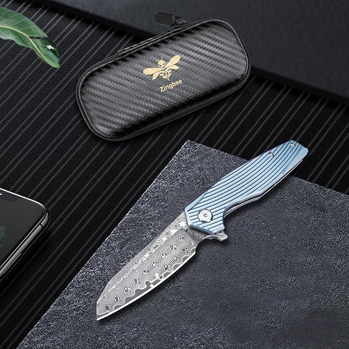 Zingbee Damascus Pocket Knife 3.46 Damascus Steel Blade EDC Pocket Knives &amp Folding Knives for Men Women Blue Non-Slip Handle