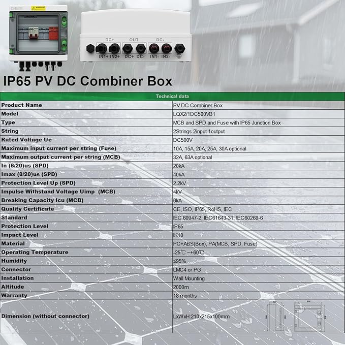 2 String Solar PV Combiner Box IP65 2 in 1 Out DC500V 32A Circuit Breaker with Surge Protector and 15A PV FuseSolar Disconnect Switch Outdoor Waterproof for Solar Panels System