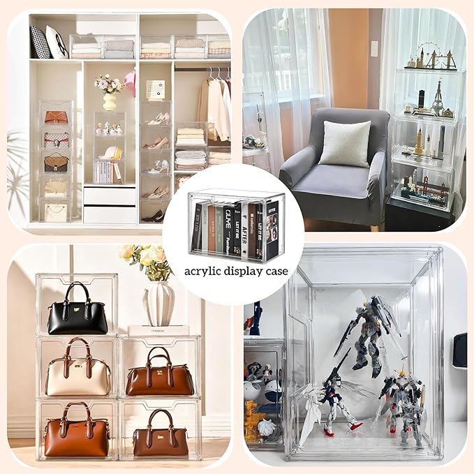 Freebat Stackable Storage Bins Clear Acrylic Display Case 5-Pack Acrylic Boxes with Lids Clear Storage Containers Storage for Handbags Collectibles &amp Figures