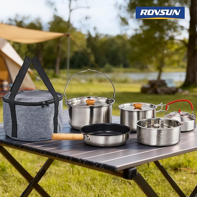 ROVSUN 34/10/6 pcs Camping Cookware Mess Kit Lightweight Non-Stick Camping Cooking Pot and Pan Set with Stainless Steel Camping Gear Kettle Cup for Open Fire Backpacking Outdoor Cooking