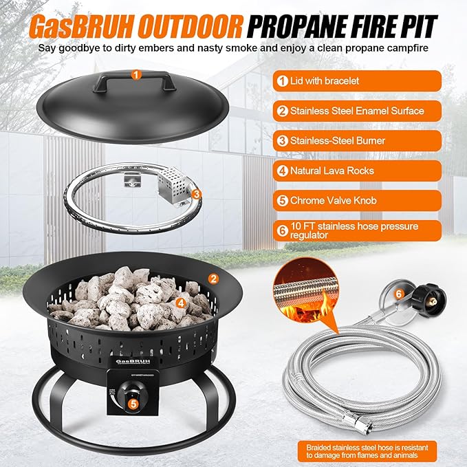 GasBRUH Outdoor Portable Propane Fire Pit 19-Inch60000 BTU with Cover&ampCarry KitCamping Propane Fire PitsGas FirebowlPortable Gas Fire Pit for Outside PatioBackyardCampingRVDeckTailgatin