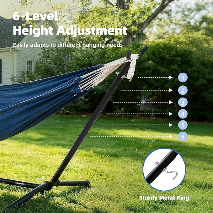 EchoSmile Double Hammock with Detachable Stand - 480 lbs Heavy Duty 2 Person Adjustable Hooks Indoor Outdoor Stand Hammock Durable Steel Frame Blue