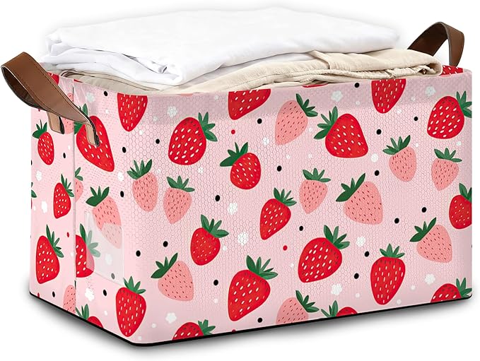 Storage Bin with Handles Cute Strawberry Collapsible Laundry Baskets for Books Laundry - Use in Nursery Closet Organizers and Storage Blanket Basket