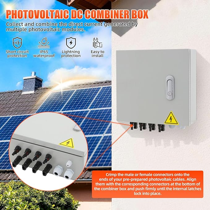 4 String Metal Solar Combiner Box IP65 Waterproof PV Combiner Box with 20A Rated Current Fuse 63A Air Circuit BreakerLightning Arrester for On/Off Grid Solar Panel System