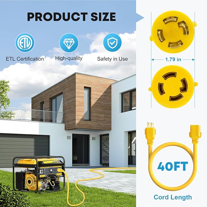 Kohree 30 Amp Generator Extension Cord 4 Prong 40FT NEMA L14-30P/L14-30R 125/250V 7500W 10 Gauge Heavy Duty L14-30 Generator Power Cord Twist Lock 30Amp Generator Cord