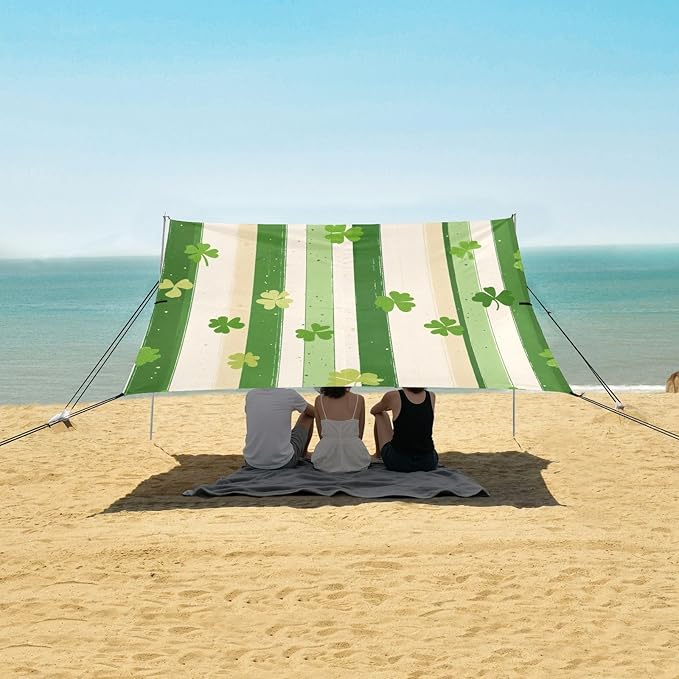 Saint Patrick's Striped Shamrocks Beach Tent Sun Shelter Set UPF50+ UV Protection 10.5 x 9.19 FT Camping Shade Canopy with Sandbags Sand Anchors Carrying Bag and Others